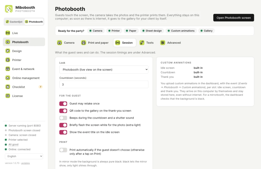 The Mibobooth control window, with the Ready for the party? check at the top and the sections Camera, Print and paper, Session, Texts and Advanced.